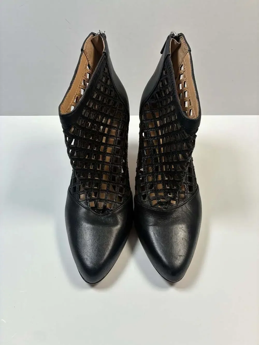 Antonio Melani Mena Black Leather Lattice Cutout Ankle Booties